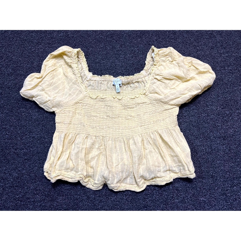 Jessica Simpson Peplum Top Womens Large Yellow Cotton Smocked Puff Sleeve Crop